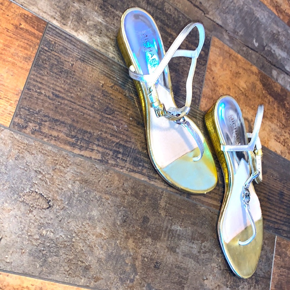 Michael Kors Gold Metallic T-Strap Sandals - Picture 2 of 4